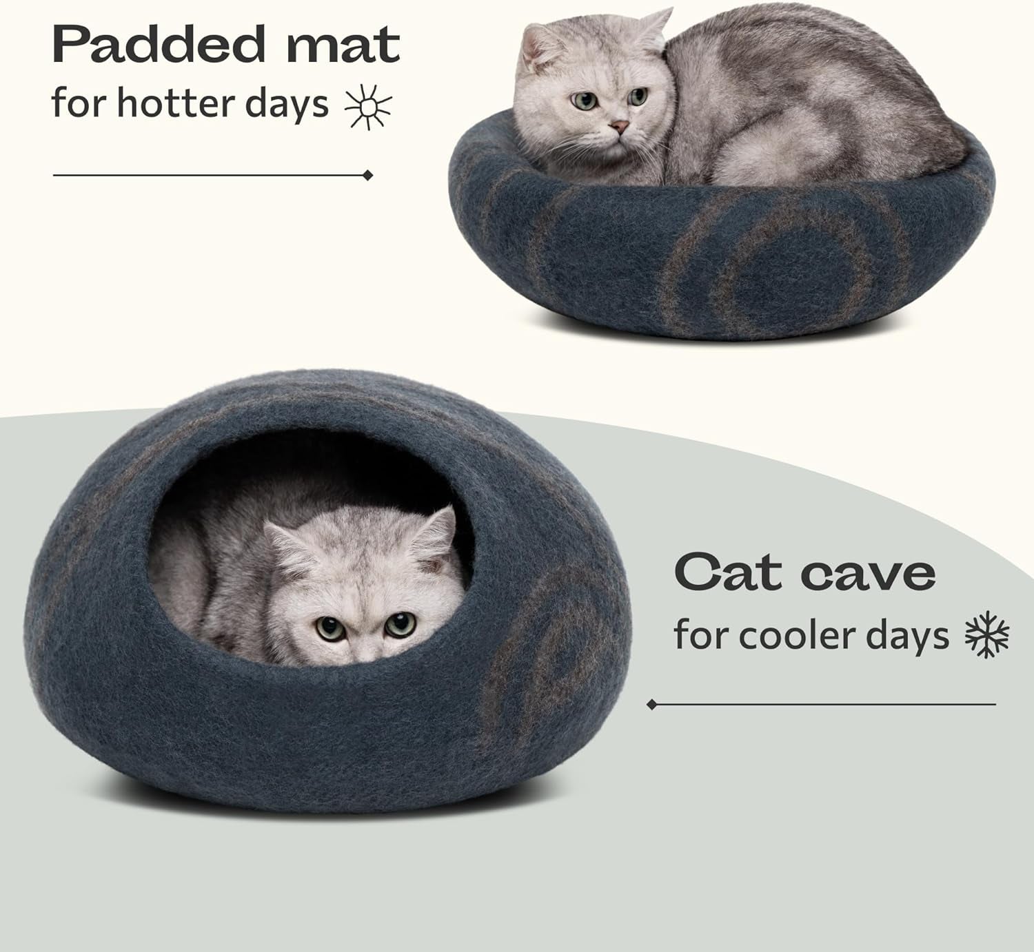 Cat Cave – Premium Felt Cat Bed for Indoor Cats, Handmade 100% Merino Wool (Large, Slate Grey)